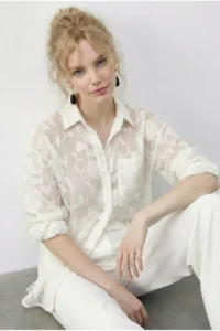 Bianco Lucci Women's Embossed Rose Patterned Transparent Chiffon Shirt 354 - Image 4