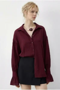 Bianco Lucci Women's Ruffle Cuff Detailed Oversize Shirt 533 - Image 2