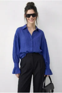 Bianco Lucci Women's Ruffle Cuff Detailed Oversize Shirt 533 - Image 2