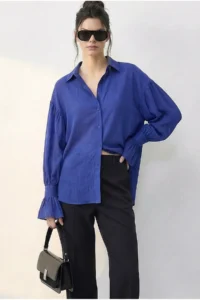 Bianco Lucci Women's Ruffle Cuff Detailed Oversize Shirt 533 - Image 3