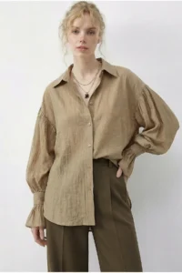 Bianco Lucci Women's Ruffle Cuff Detailed Oversize Shirt 533