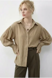 Bianco Lucci Women's Ruffle Cuff Detailed Oversize Shirt 533 - Image 2