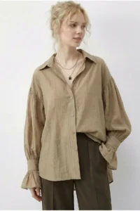Bianco Lucci Women's Ruffle Cuff Detailed Oversize Shirt 533 - Image 3
