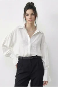 Bianco Lucci Women's Ruffle Cuff Detailed Oversize Shirt 533