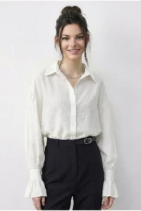 Bianco Lucci Women's Ruffle Cuff Detailed Oversize Shirt 533 - Image 2