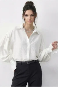 Bianco Lucci Women's Ruffle Cuff Detailed Oversize Shirt 533 - Image 3