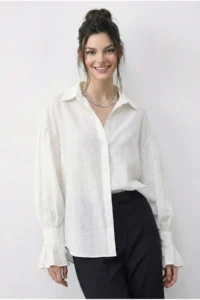 Bianco Lucci Women's Ruffle Cuff Detailed Oversize Shirt 533 - Image 4