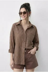 Bianco Lucci Women's Back Tie Detailed Self-Striped Shirt 0004 - Image 3