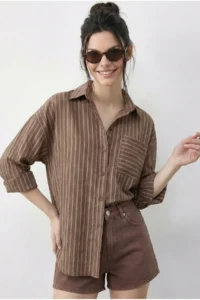 Bianco Lucci Women's Back Tie Detailed Self-Striped Shirt 0004 - Image 4
