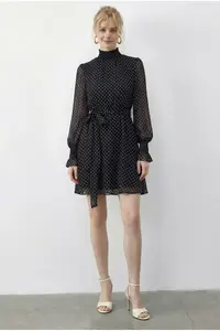 Bianco Lucci Women's Polka Dot Glittered Sleeve Detailed Belted Lined Mini Dress 0986