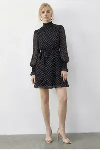 Bianco Lucci Women's Polka Dot Glittered Sleeve Detailed Belted Lined Mini Dress 0986 - Image 2