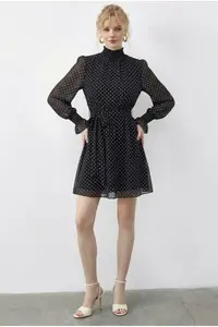 Bianco Lucci Women's Polka Dot Glittered Sleeve Detailed Belted Lined Mini Dress 0986 - Image 3