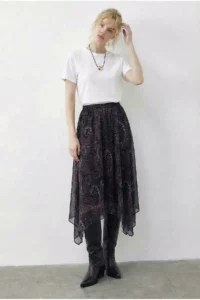 Bianco Lucci Women's Ethnic Patterned Asymmetric Cut Lined Skirt
