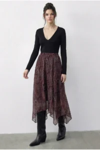 Bianco Lucci Women's Ethnic Patterned Asymmetric Cut Lined Skirt - Image 3