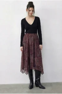 Bianco Lucci Women's Ethnic Patterned Asymmetric Cut Lined Skirt - Image 4