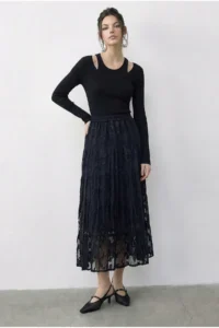 Bianco Lucci Women's Elastic Waist Self Patterned Lined Midi Skirt 355 - Image 3