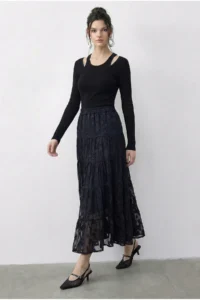 Bianco Lucci Women's Elastic Waist Self Patterned Lined Midi Skirt 355 - Image 4