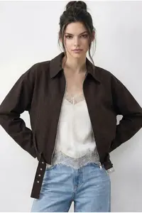 Bianco Lucci Women's Oversize Belt Detailed Zippered Lined Denim Bomber Jacket 2917