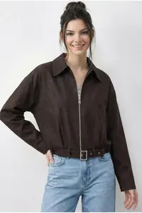 Bianco Lucci Women's Oversize Belt Detailed Zippered Lined Denim Bomber Jacket 2917 - Image 2