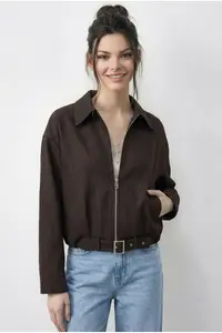 Bianco Lucci Women's Oversize Belt Detailed Zippered Lined Denim Bomber Jacket 2917 - Image 3