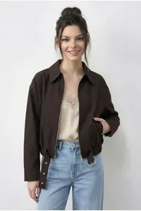 Bianco Lucci Women's Oversize Belt Detailed Zippered Lined Denim Bomber Jacket 2917 - Image 4