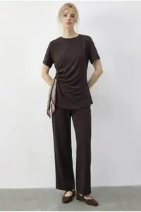 Bianco Lucci Women's Scarf Tie Detailed T-Shirt High Waist Trousers Bottom-Top Set 7630 - Image 3