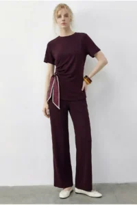 Bianco Lucci Women's Scarf Tie Detailed T-Shirt High Waist Trousers Bottom-Top Set 7630 - Image 2