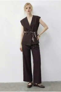 Bianco Lucci Women's Double Breasted Collar Satin Belted Vest Loose Trousers Bottom-Top Denim Suit 9415 - Image 3