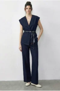 Bianco Lucci Women's Double Breasted Collar Satin Belted Vest Loose Trousers Bottom-Top Denim Suit 9415 - Image 2