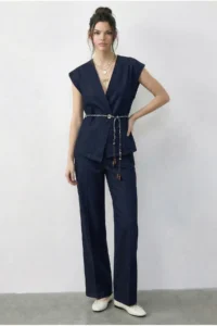Bianco Lucci Women's Double Breasted Collar Satin Belted Vest Loose Trousers Bottom-Top Denim Suit 9415 - Image 3