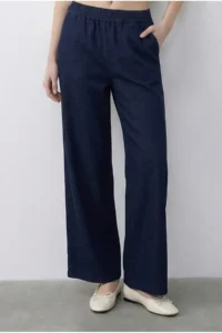 Bianco Lucci Women's Double Breasted Collar Satin Belted Vest Loose Trousers Bottom-Top Denim Suit 9415 - Image 4