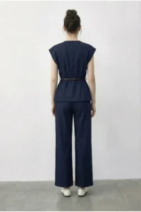 Bianco Lucci Women's Double Breasted Collar Satin Belted Vest Loose Trousers Bottom-Top Denim Suit 9415 - Image 5