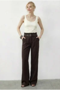 Bianco Lucci Women's Double Belt Detailed Pocket High Waist Palazzo Trousers 347