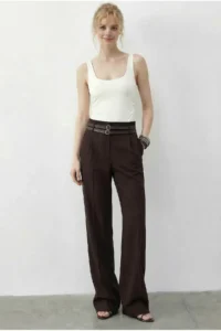 Bianco Lucci Women's Double Belt Detailed Pocket High Waist Palazzo Trousers 347 - Image 2