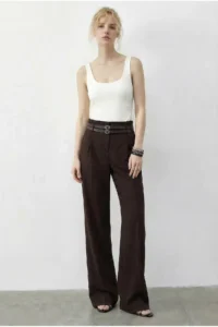 Bianco Lucci Women's Double Belt Detailed Pocket High Waist Palazzo Trousers 347 - Image 3