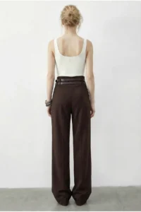 Bianco Lucci Women's Double Belt Detailed Pocket High Waist Palazzo Trousers 347 - Image 4