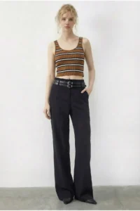 Bianco Lucci Women's Double Belt Detailed Pocket High Waist Palazzo Trousers 347 - Image 3