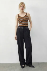 Bianco Lucci Women's Double Belt Detailed Pocket High Waist Palazzo Trousers 347 - Image 4