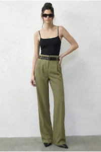 Bianco Lucci Women's Double Belt Detailed Pocket High Waist Palazzo Trousers 347