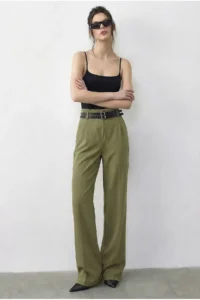 Bianco Lucci Women's Double Belt Detailed Pocket High Waist Palazzo Trousers 347 - Image 2