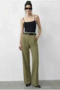Bianco Lucci Women's Double Belt Detailed Pocket High Waist Palazzo Trousers 347 - Image 3