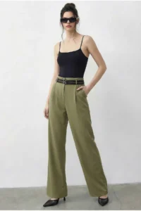 Bianco Lucci Women's Double Belt Detailed Pocket High Waist Palazzo Trousers 347 - Image 4