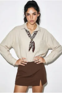 Bianco Lucci Women's Single Pocket Detailed Casual Crinkle Shirt with Scarf Accessories 586 - Image 2