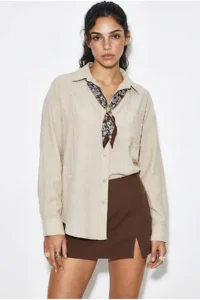 Bianco Lucci Women's Single Pocket Detailed Casual Crinkle Shirt with Scarf Accessories 586 - Image 3