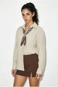 Bianco Lucci Women's Single Pocket Detailed Casual Crinkle Shirt with Scarf Accessories 586 - Image 4