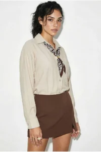 Bianco Lucci Women's Single Pocket Detailed Casual Crinkle Shirt with Scarf Accessories 586 - Image 5