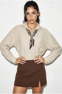 Bianco Lucci Women's Single Pocket Detailed Casual Crinkle Shirt with Scarf Accessories 586 - Image 6