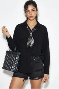 Bianco Lucci Women's Single Pocket Detailed Casual Crinkle Shirt with Scarf Accessories 586 - Image 2