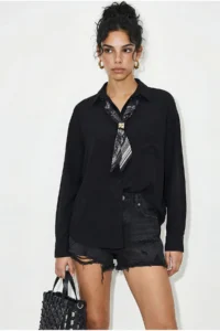 Bianco Lucci Women's Single Pocket Detailed Casual Crinkle Shirt with Scarf Accessories 586 - Image 3