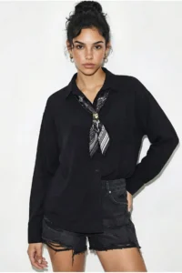 Bianco Lucci Women's Single Pocket Detailed Casual Crinkle Shirt with Scarf Accessories 586 - Image 5